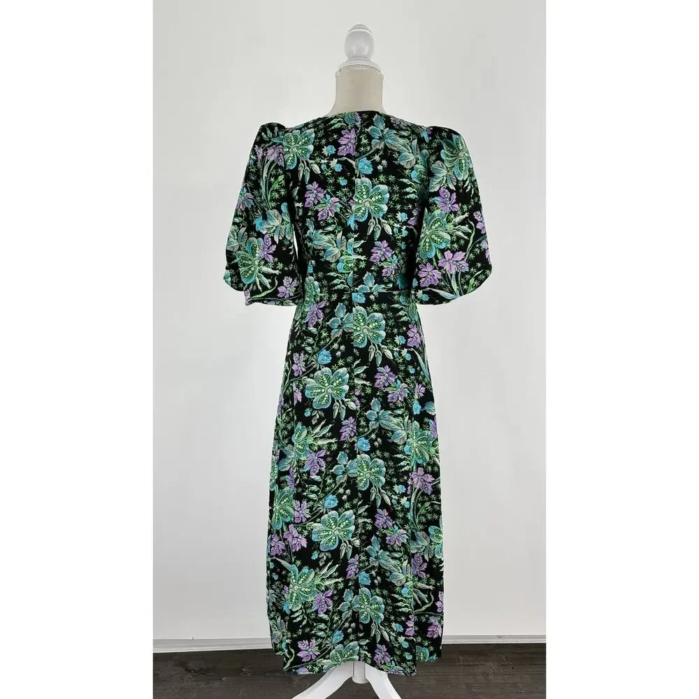 Rhode V Neck Floral Ina Midi Dress Hibiscus Women Size 4 New Bubble Short Sleeve